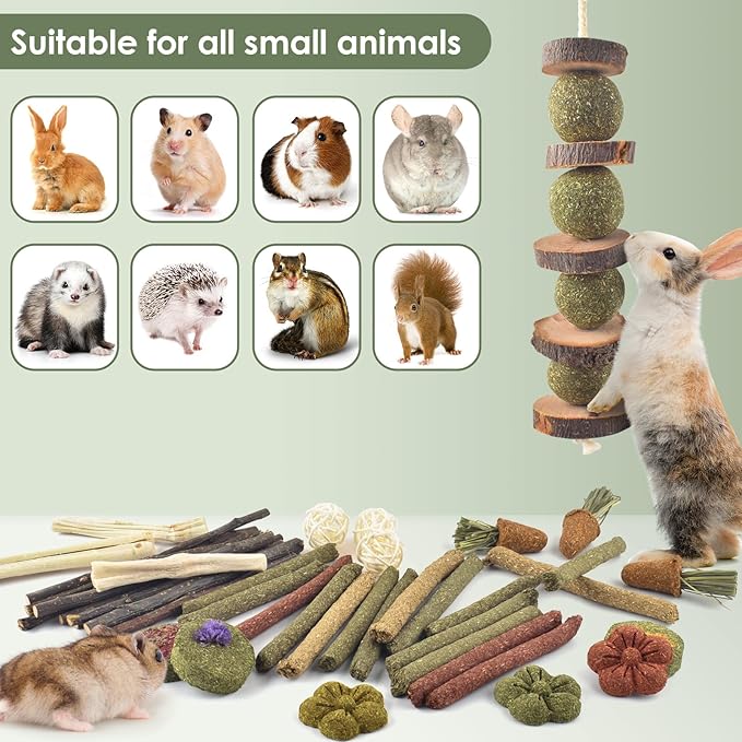 ERKOON Bunny Toys Boredom, 42 PCS Bunnies Timothy Hay Sticks Carrots Rose Grass Cake Dental Care, Molar, Chinchillas Toy Chew Toy, Guinea Pigs, Hamsters, Chinchilla, Rabbit Chew Toys for Teeth