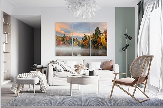 Nature Wall Art Prints - Ocean Forest Mountain Lake Canvas Landscapes - Small to Extra Large Living Room Bedroom Kitchen Bathroom Décor (Misty Fall Reflection, 47L" x 71W" - 3 panels)