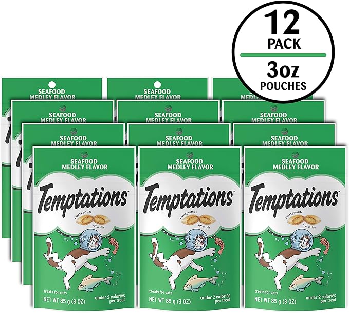 Temptations Classic Crunchy and Soft Cat Treats, Seafood Medley Flavor, 3 oz. Pouch (Pack of 12)
