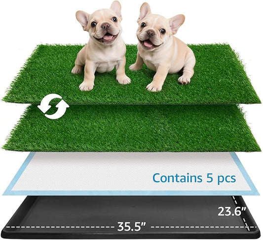 Dog Grass Pad with Tray,35.5” x 23.6” Indoor Dog Potty System 2 Pics Replacement Artificial Grass Mats-5 Pics Disposable Puppy Pads,for Puppy Training Apartment,Balcony and Apartment Use