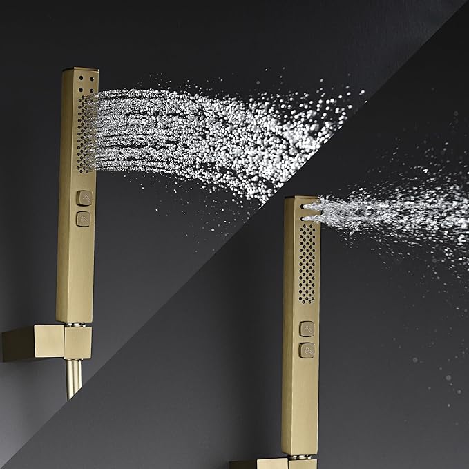 10" Square Rainfall Bathtub and Shower Trim Systems with Rotating Handheld Sprayer, Foldable Tub Spout, Wall-Mounted, Solid Brass Valve with Shampoo Platform- Brushed Gold (Square, Brushed Gold)