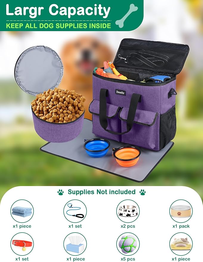 Large Pet Travel Bag Organizer - Dog & Cat Tote with Food Containers, Bowls, Feeding Mat, Perfect for Camping, Hiking (Multi-Pocket Design)