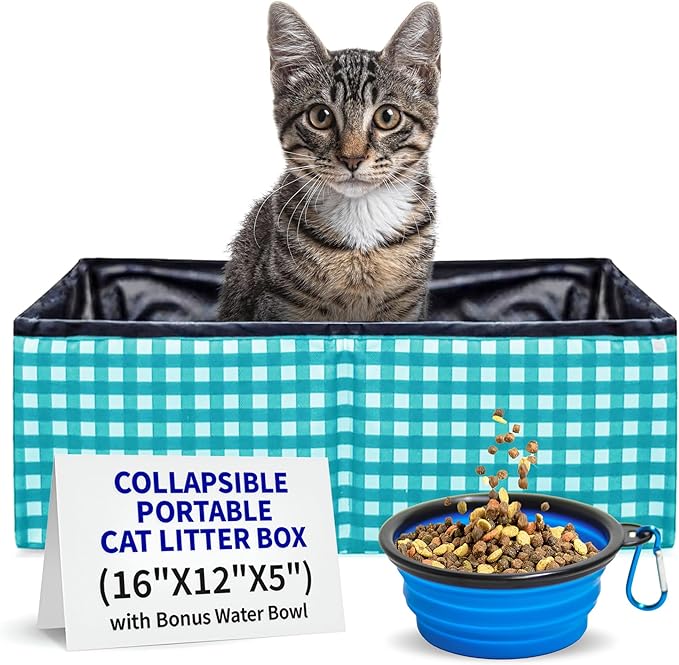 Pet Fit For Life - Vibrant Collapsible Travel Cat Litter Box - Portable, Foldable, Compact Design with Bonus Water Bowl - Ideal for Car & Camping - Reusable, Cats Safe - Teal, (16"x12"x5")