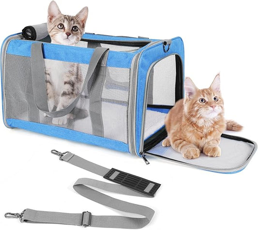 Pet Carrier for Large Cats of 20 Lbs, Collapsible Carrier Bag for Big Cat or 2 Kittens,Soft Sided Puppy Carrier with Sturdy Travel Transport Strap, Adequate Ventilation, 4 Mesh Windows (Blue)