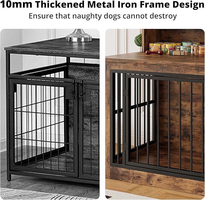 IRONCK Extra Large Dog Crate Furniture, 43.3 inches Wooden Dog Crate with Storage and 4 Hooks, Heavy Duty Pet Crate for Large Dog, Decorative Pet Cage for Indoor (30" L x 43.3" W x 41.1" H)