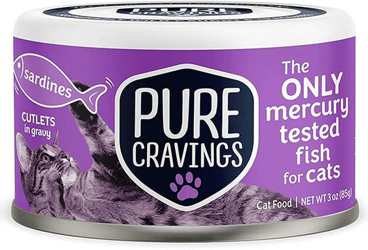 Wet Cat Food Canned Sardines Cutlets in Gravy, Every Catch is Mercury-Tested, Moist Can Fish for Cats, Grain-Free, Protein, Non-GMO, Pack of 12