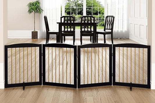 Freestanding Pet Gate for Dogs, Foldable Wooden Dog Gate for House, Indoor Dog Gate for Stairs, Doorways, Step Over Pet Puppy Safety Fence, 80 Inch Wide, 4 Panels 24", Black & Gold