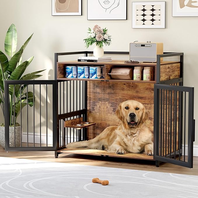 Large Dog Crate Furniture, 48 Inch Wooden Dog Crate, Heavy Duty Dogs Kennel with 2 Drawers Storage, 360° Adjustable Raised Feeder, Indoor Dogs House End Table