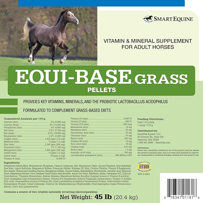 Uckele by SmartEquine EquiBase Grass Pellets | Horse Vitamins & Minerals Supplement, Forage Balancer | Horses in Light to Moderate Work | 45 lb Bucket