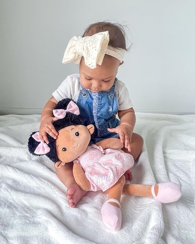 Soft Baby Doll Toys (16''), My First Baby Rag Doll for 1 Year-Old Girl Birthday Gift, Christmas Plush Toys Gift for Toddler Kids Infants-Sweetheart(Double Buns Tanned)