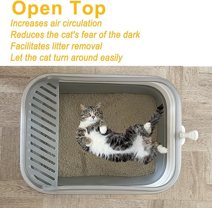 Open Cat Litter Box with High Side, 20.67 X 15.16 inch Anti-Splashing Kitty Litter Pan Collapsible Travel Litter Potty Pan Scoop Leak-Proof Pedal Cat Toilet No Smell Easy Clean (L Gray High Side)