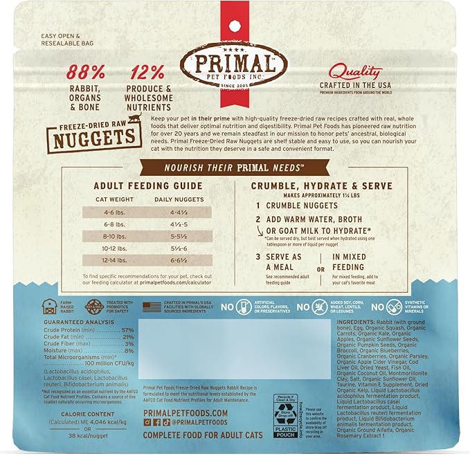 Primal Freeze Dried Raw Cat Food Nuggets Rabbit, Complete & Balanced Meal or Topper, Premium, Healthy, Grain Free, High Protein Raw Cat Food with Probiotics (5.5 oz)