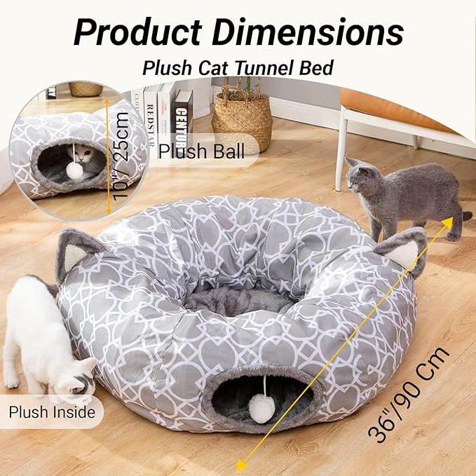 LUCKITTY Geometric Cat Tunnel Bed Oxford Outside with Plush Inside,Cats Toys Collapsible Tunnel Tube with Balls, for Rabbits, Kittens, Ferrets,Puppy 3FT