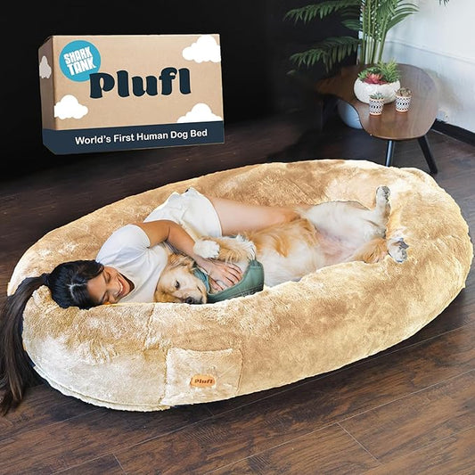 Plufl, The Original Human Dog Bed for Adults, Kids, and Pets. As Seen on Shark Tank. Comfy Plush Large Bean Bag with Memory Foam, Machine Washable, and Durable. Perfect nap and Floor Bed - Beige