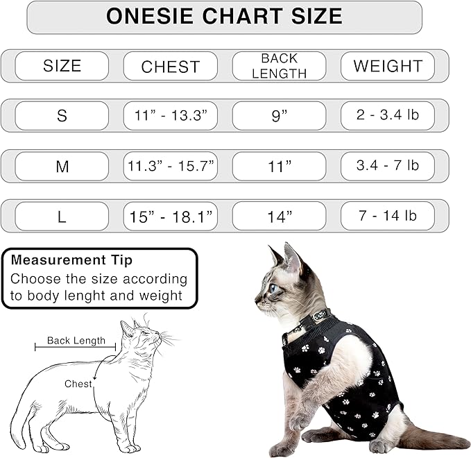 Cat Recovery Cone Kit Post Surgical Soft Pet Vest, Collar, and Non-Irritating Protection Cone for Cats - Comfortable Injury Care Solution (Black with White Paws, Small)