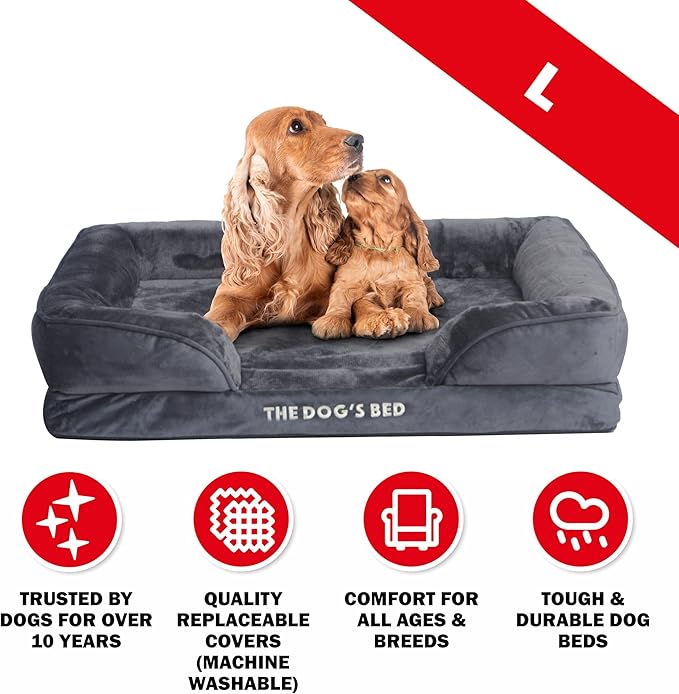The Dog’s Bed, Orthopedic Standard Foam Waterproof Dog Bed with Standard Support, Large Grey Plush, Waterproof, Supportive Dog Bed with Replaceable Covers, Veterinary Approved