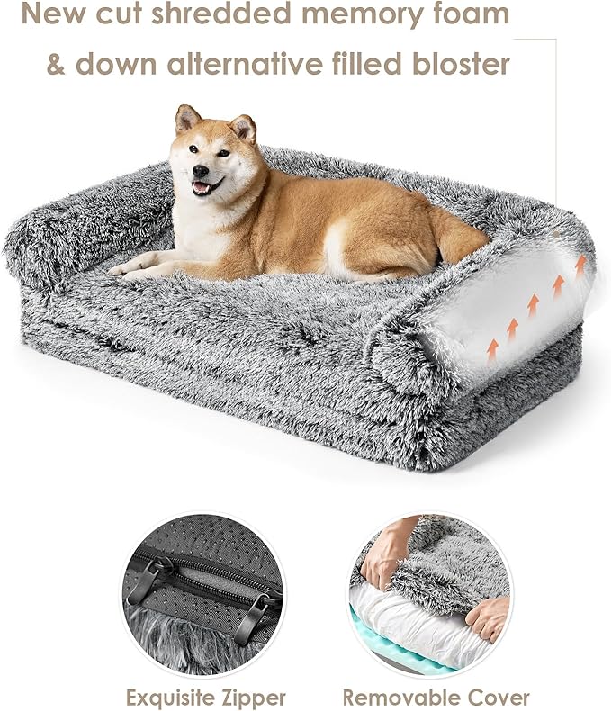 EHEYCIGA Foldable Dog Bed, Faux Fur Fluffy Dog Couch Bed, Orthopedic Calming Memory Foam Pet Bed for Small Dogs, Washable Soft Warm Pet Sofa Bed with Non-Slip Bottom, Faded Black, 40"x30"x6"