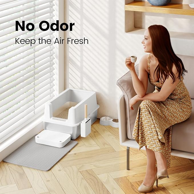 Stainless Steel Cat Litter Box - Enclosed XL Metal Kitty Litter Box with Lid for Big Cats, High Sided, Anti-Leakage, Easy Cleaning, Non-Sticky, Included Litter Mat, Cat Bowl & Spoon