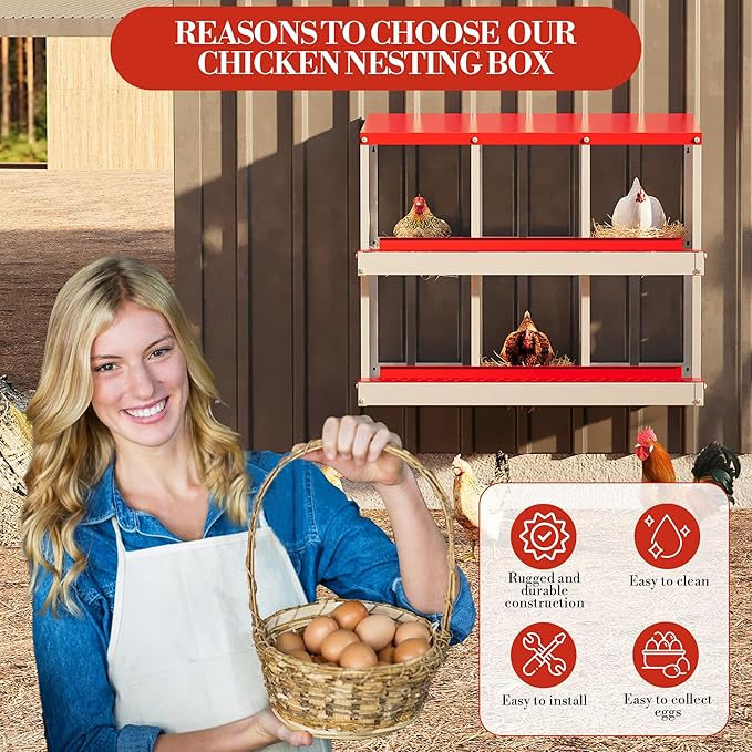 6 Hole Chicken Nesting Box with Roll Out Egg Tray, Rustproof & Ventilated Chicken Laying Boxes for Hens, Chickens, Ducks | Easy-Clean Poultry Coop Accessories