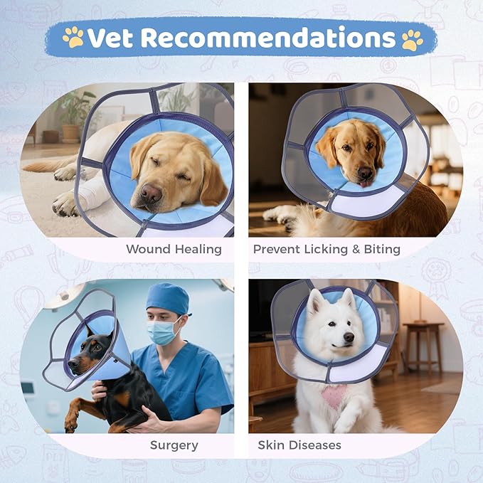 Soft Dog Cone Collar After Surgery Recovery,Adjustable E-Collar with Removable Shield,Lightweight,Breathable Anti-Licking Protective Cone for Large,Medium,Small Pets (Blue, L (Neck:15.5''-19''))