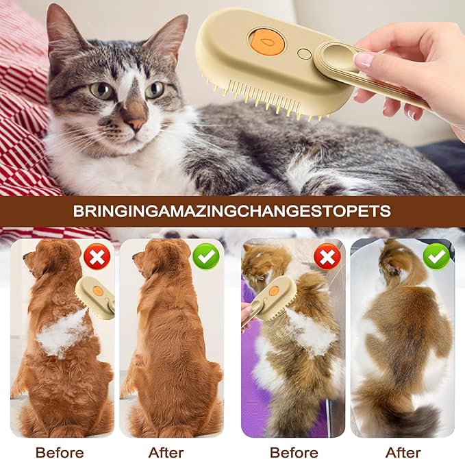 Cat Steam Brush for Shedding, 2025 New 4 in 1 Rechargeable Steam Pet Brushes for Cats & Dogs, Indoor Anti-static Pets Brush for Massage, Cleaning, Shedding & Combing Hair (Beige)