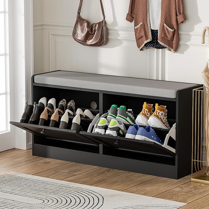 MHOM Black Modern Entryway Bench with 2 Flip Drawers, Shoe Bench with Padded Seat Cushion, Wooden Storage Bench for Bedroom and Apartment