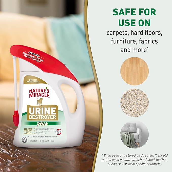 Nature's Miracle Urine Destroyer Plus for Dogs with Flip & Go Sprayer, 64 Ounces, Enzymatic Formula for Dogs Powers Out Tough Dog Urine Messes and Yellow, Sticky Residue