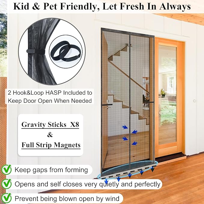 Magnetic Screen Door Upgraded-Model Full Strip Magnets,Fiberglass Heavy Duty Mesh,Retractable Door Screen Magnetic Closure for Single Front Sliding Door