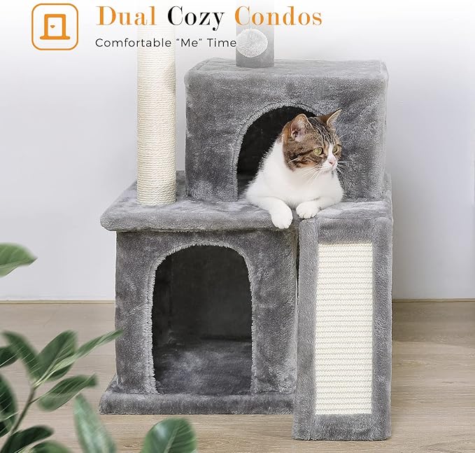 PAWZ Road 34 Inches Cat Tree Multilevel Cat Tower with Double Condos, Spacious Perch, Fully Wrapped Scratching Sisal Post and Replaceable Dangling Balls Gray