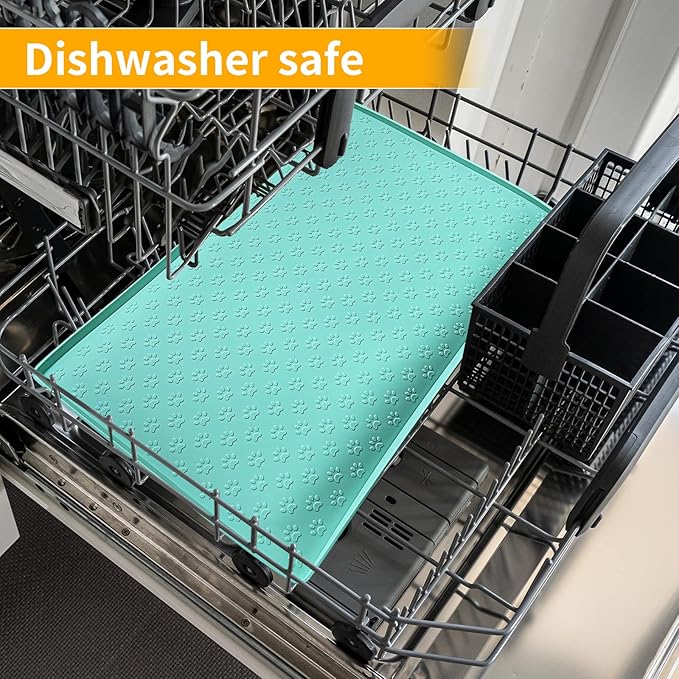 Ptlom Silicone Pet Placemat for Dog and Cat, Waterproof Non-Slip Pet Feeding Bowl Mats for Food and Water, Small Medium Large Dogs Mat Prevent Residues from Spilling to Floor, Green, 24.5" 16.5"