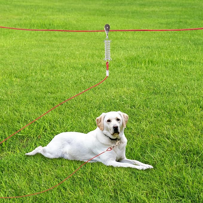 PUPTECK Outdoor Dog Run Cable for Small to Large Dogs up to 125lbs, Heavy Duty Tie Out Cable Trolley System with Runner Pulley Cable Zip Line for Yard, Camping, Long Lead Chain Leash