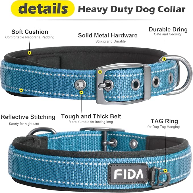 Fida Heavy Duty Dog Collar, Ultra Comfortable Soft Neoprene Padded, Adjustable Reflective Nylon Pet Collar with Durable Metal Belt Buckle for Medium Breeds (M, Blue)