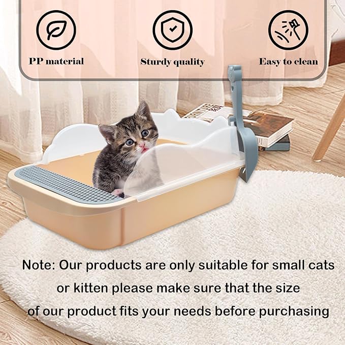 kathson Open Cat Litter Box with High Side,Anti-Splashing Cats Litter Pan Semi-Enclosed Removable Cats Litter Boxes with Litter Sifting Scoop Open Top Kitty Toilet for Easy to Clean(Khaki)