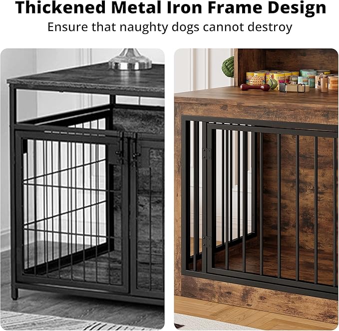 IRONCK Dog Crate Furniture, 33.4 inches Wooden Small Dog Crate with Storage and 4 Hooks, Heavy Duty Pet Crate for Small Dog, Decorative Pet Cage for Indoor (22" L x 33.4" W x 37.4" H)