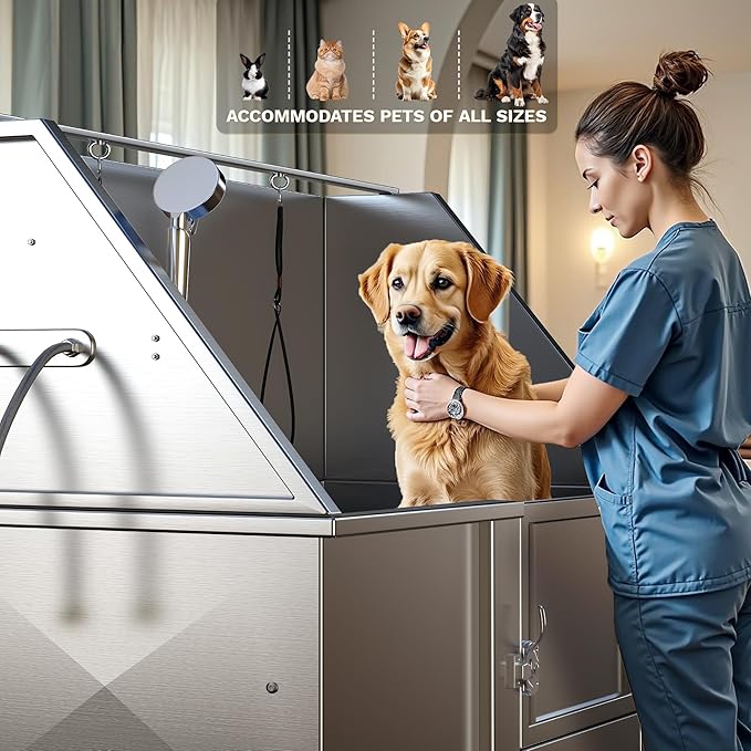 DWVO Professional Pet Dog Bathing Station for Grooming, 50'' Dog Grooming Bathtub with Right Staris, Floor Grate, Faucet, Showerhead & Soap Holder for Large, Medium & Small Pets