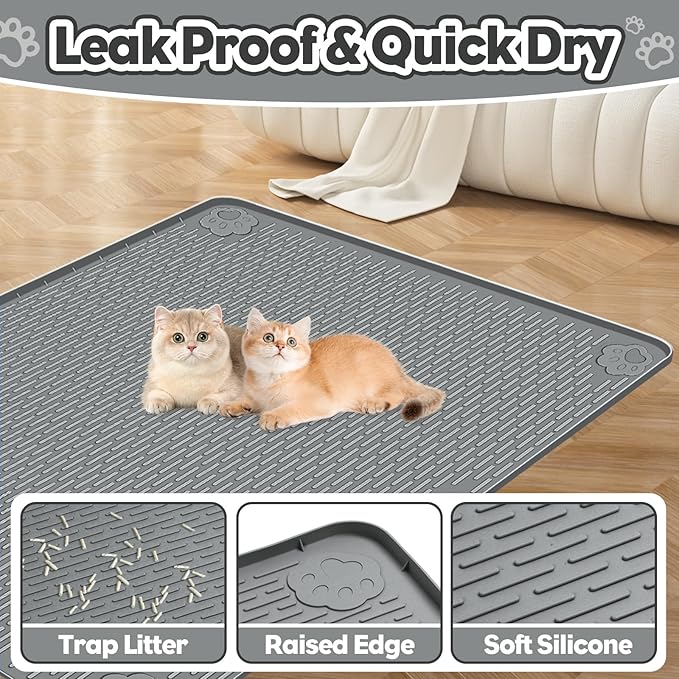 Cat Litter Mat, Extra Large 40" x 28" Silicone Mat Litter Trapping Mat for Scatter Control, Soft on Kitty Paws, Easy to Clean (Dark Gray)