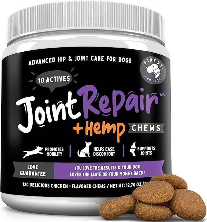 Joint Repair Hip and Joint Chews for Dogs Glucosamine, Chondroitin, MSM, Hemp, Omega 3 & Turmeric for Dog Joint Support, Mobility & Pain Relief - (120 Chicken Chews, Made in USA)