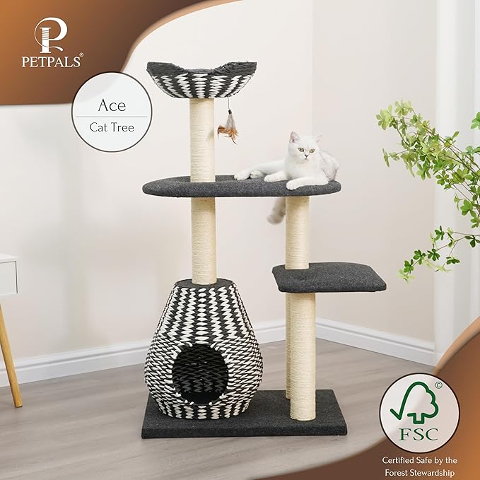 PetPals Ace 4-Level Multi-Activity Cat Tree with Handwoven Recycled Paper Rope Condo and Top Nest Bed, Replaceable Sisal Scratching Posts, Feather Teaser Toy, Black & White