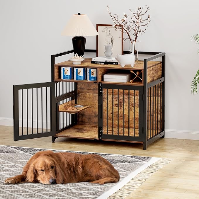Large Dog Crate Furniture, 41 Inch Wooden Dog Crate, Heavy Duty Dogs Kennel with 2 Drawers Storage, 360° Adjustable Raised Feeder, Indoor Dogs House End Table