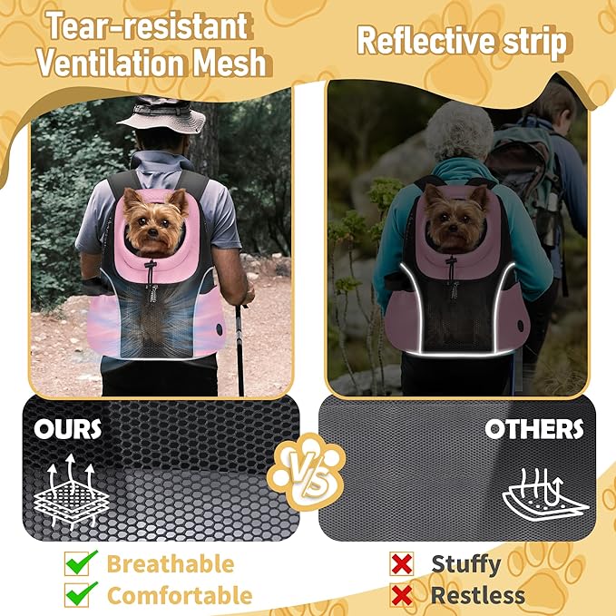 WOYYHO Pet Dog Carrier Backpack Small Dog Front Backpack Ventilated Mesh Dog Travel Back Pack with Safety Belt for Travel Hiking Cycling Outdoor Adventures (Size S: 2-4.5 lbs, Pink)