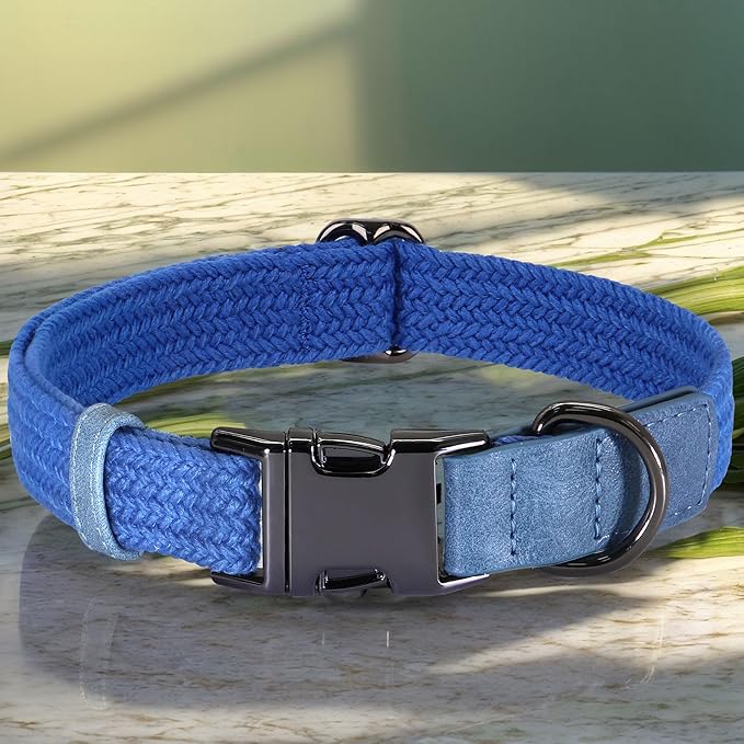 PET ARTIST Soft Cotton Dog Collars for Medium Dogs in Tranquil Blue, Simple Dog Collar with Quick Release Metal Buckle & D Ring, M Size (13-21")