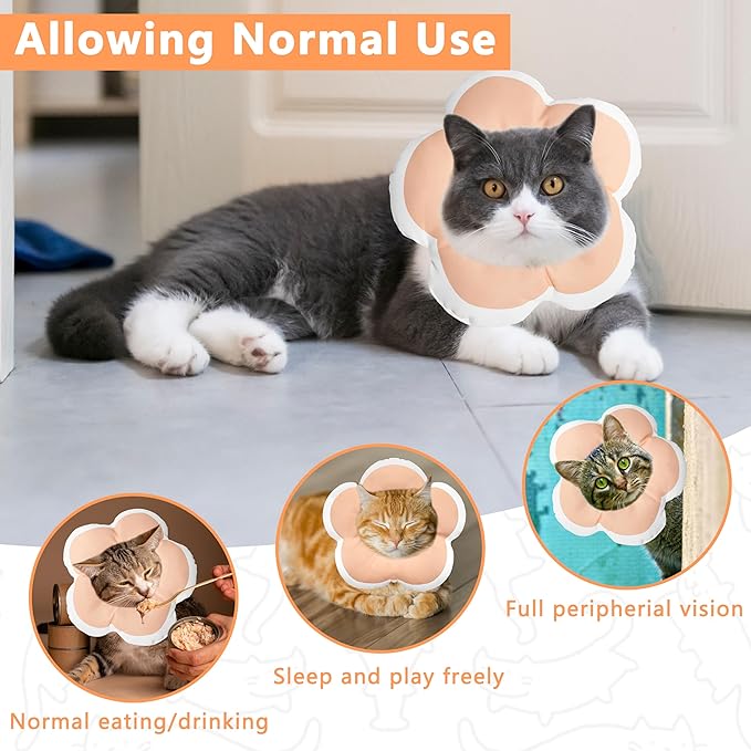 Cat Cone Collar Soft, Waterproof Cats Cones to Stop Licking After Surgery, Adjustable Soft Elizabeth Cats Collars for Wound Healing, Flower Shape Cat Recovery Collar (Pastel Orange, Medium)