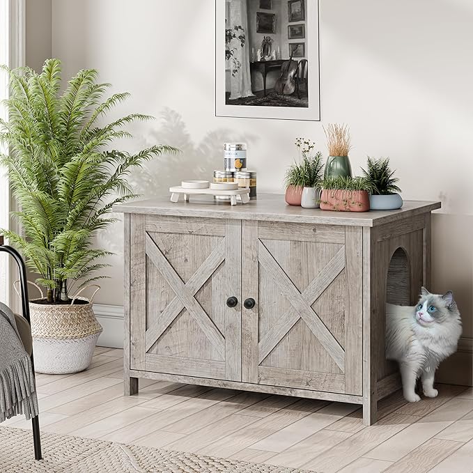 JY QAQA Cat Litter Box Enclosure,Litter Box Furniture Hidden with Barn Door,Wooden Washroom Furniture,Cat House,Fit Most of Litter Box