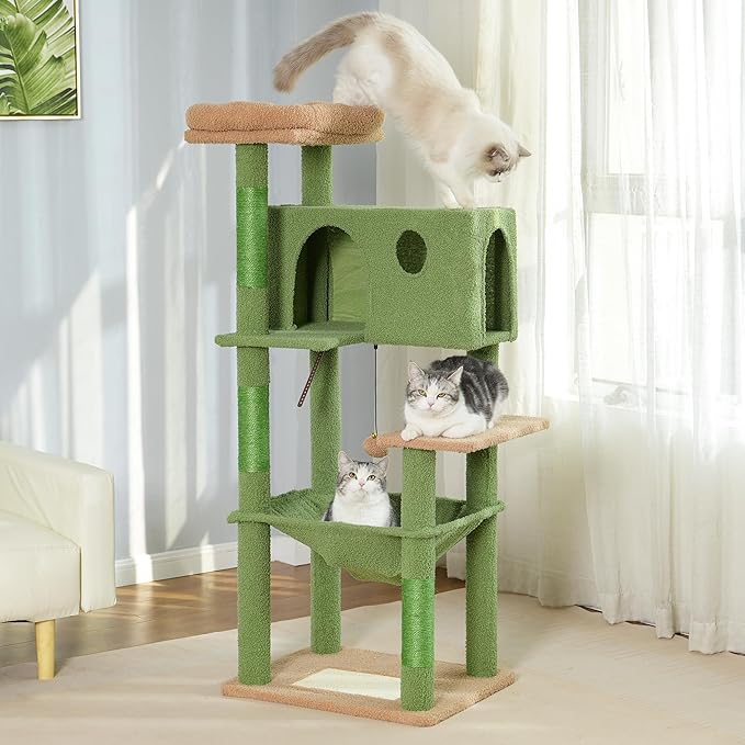 54” Cat Tree for Large Cats Big Cat Tower with Enlarged Hammock 21.6x17.7” Spacious Cats Condo House, Roomy Top Bed,Multiple Scratch Posts and Pad for Indoor Adult Cats (Green, Large-54)