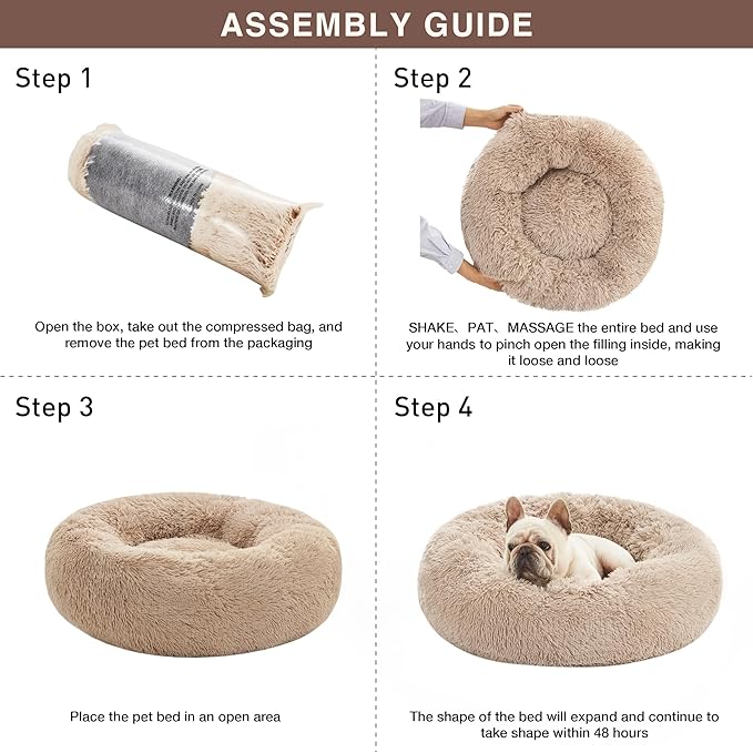 Love's cabin Calming Dog & Cat Bed, Cat Bed for Indoor Cats,Anti-Anxiety Donut Round Dog Bed,Fluffy Faux Fur Washable Bed for Small Medium Pet,Beige,Taupe,30"