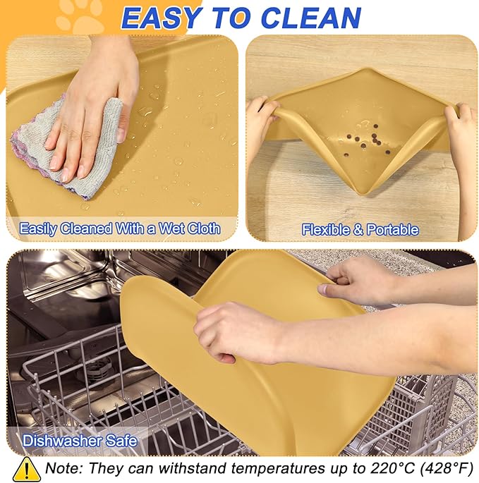 Silicone Pet Feeding Mat with Raised Edge for Food and Water, Dog Bowl Mats, Cat Bowls Placemat with High Lip for Floor Waterproof, Rubber Tray for Cats and Dogs 22 x 14 x0.8 Beige