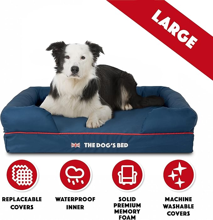 The Dog’s Bed Orthopedic Dog Bed Large Blue Oxford with Red Trim UK Flag Dog Bed 36x27 Memory Foam, Pain Relief: Arthritis, Post Surgery, Lameness, Veterinary Approved, Waterproof Washable Cover