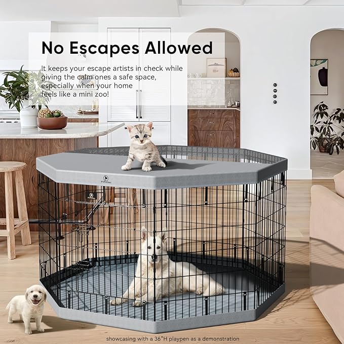 PJYuCien Dog Playpen, 8 Panels 24”H Dog Playpen Indoor with Grey Bottom Pad and Top Cover, Metal Foldable Dog Pen for Indoor Use, Only for Small Medium Animals, Grey