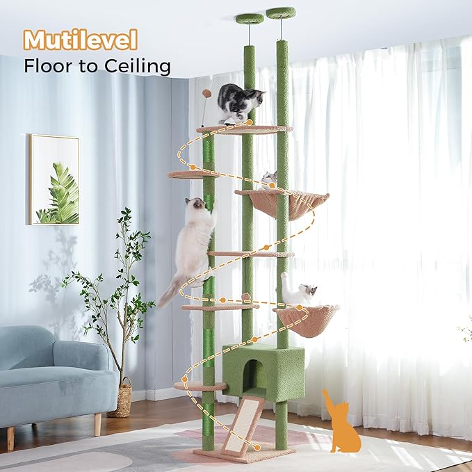 Floor to Ceiling Cat Tree Tall Cat Tower with Adjustable Height (81.8-108 Inches) with Fully Scratching Post Private Condo and Hammock for Indoor Cats (Green, Triple Dule Posts)