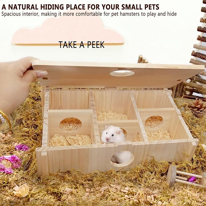 kathson Multi-Chamber Hamster Maze House,Wooden Syrian Hamster Maze Hideout,Small Pets Habitats Decor,6-Room Hideouts & Tunnel Exploring Toys for Dwarf Hamsters,Gerbils,Mice,Lemmings,Mouse